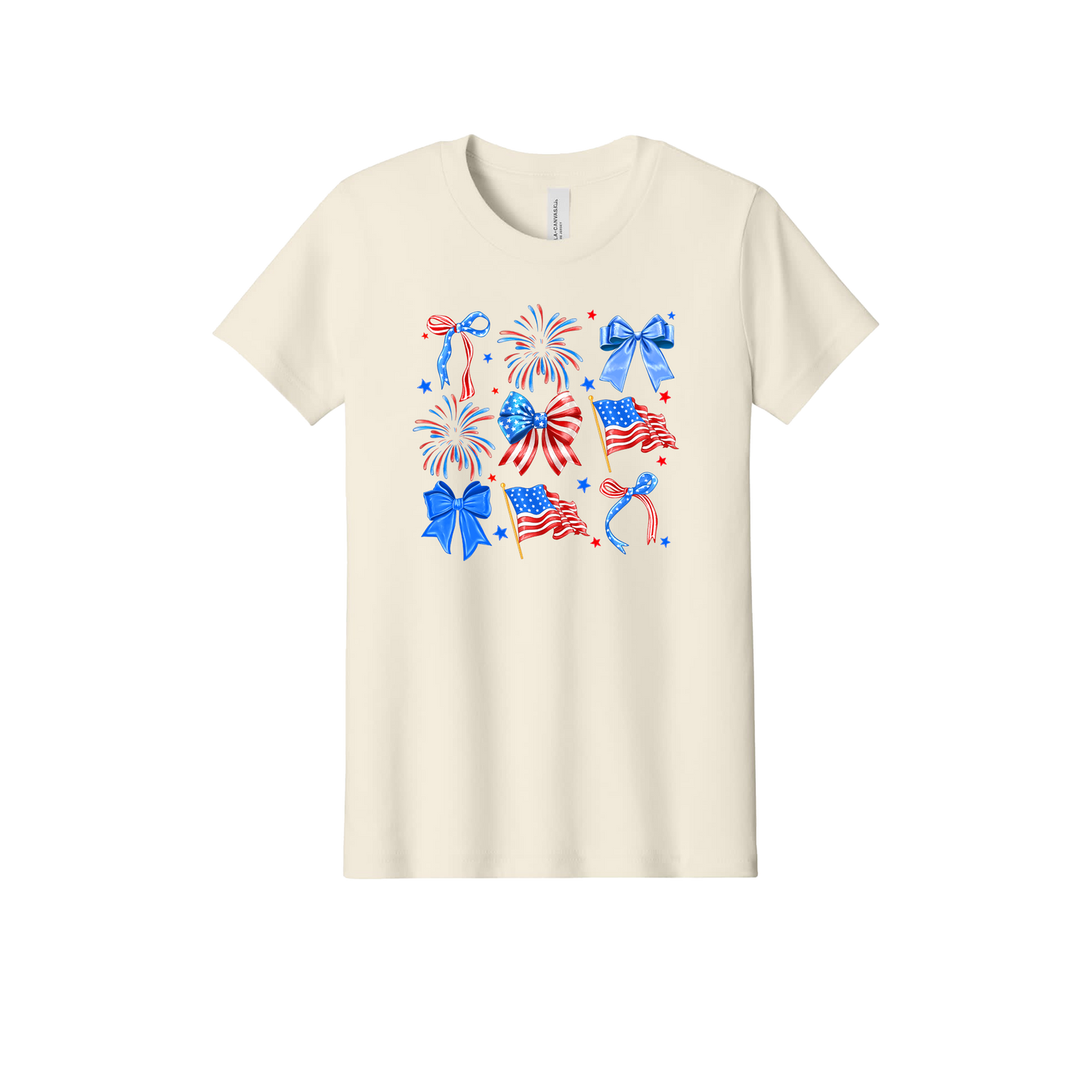 4th of July Bow Apparel design on official Youth Bella+Canvas T-shirt in Natural, front view.
