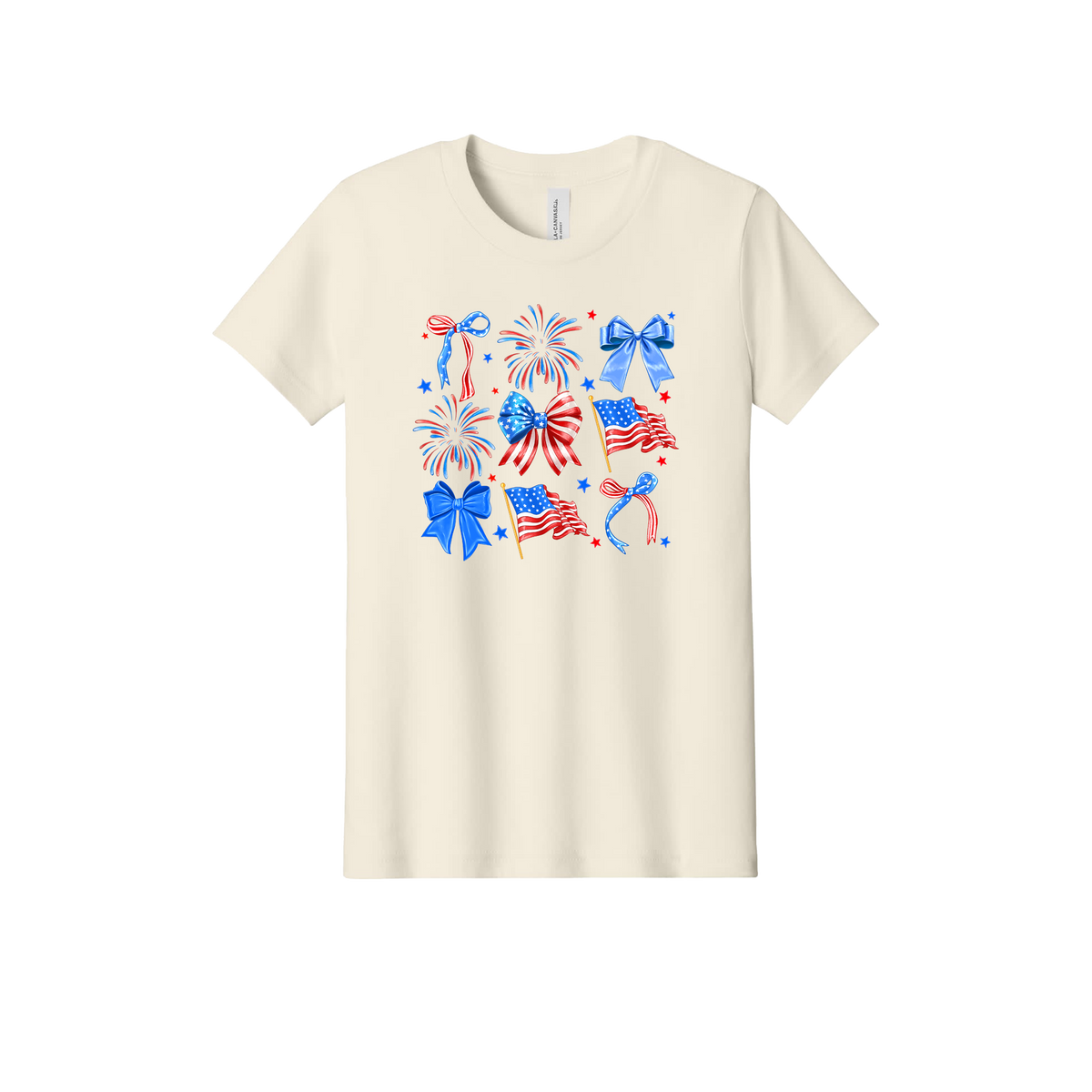 4th of July Bow Apparel design on official Youth Bella+Canvas T-shirt in Natural, front view.