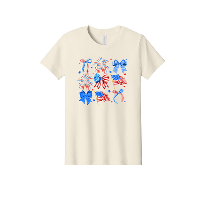 4th of July Bow Apparel design on official Youth Bella+Canvas T-shirt in Natural, front view.