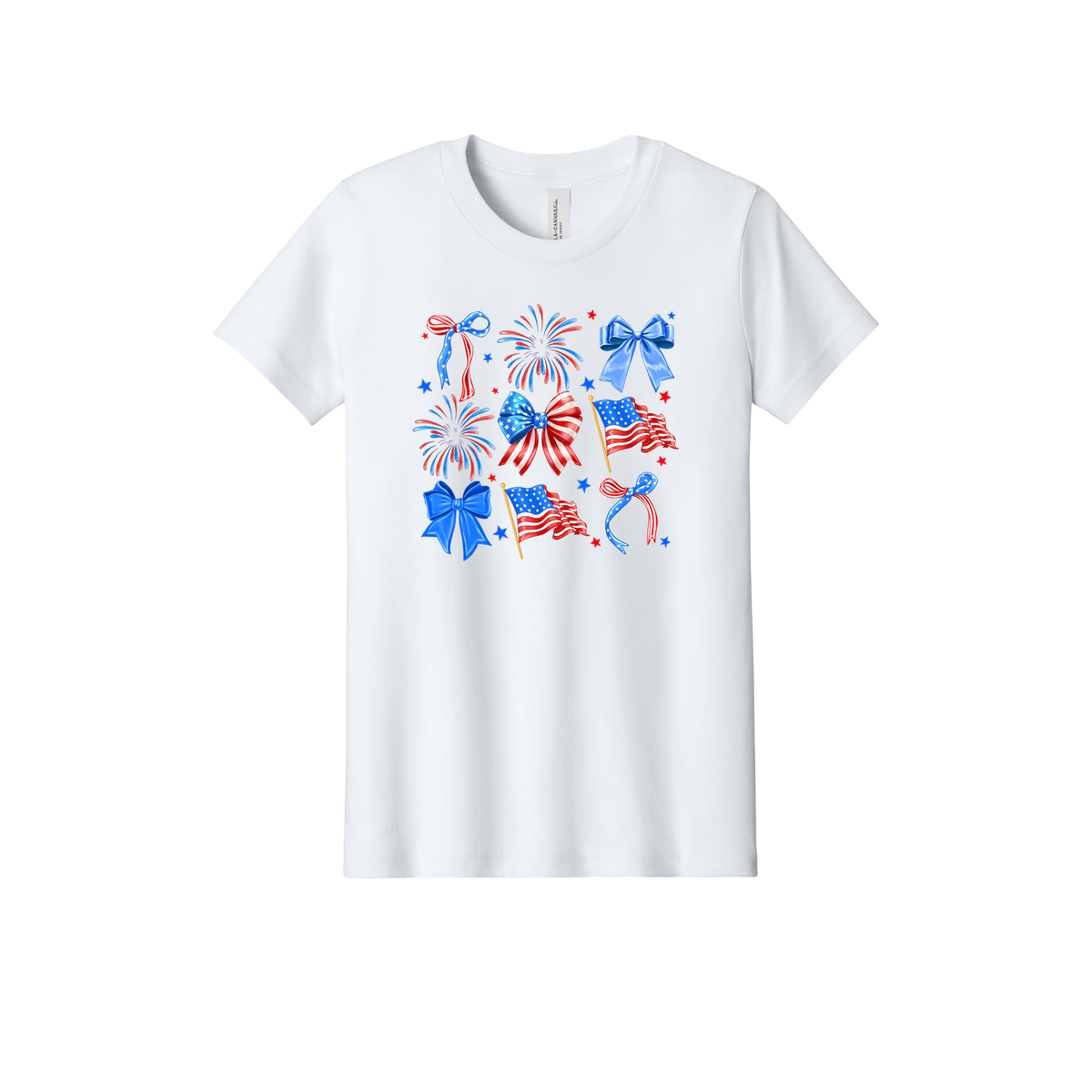 4th of July Bow Apparel design on official Youth Bella+Canvas T-shirt in White, front view.