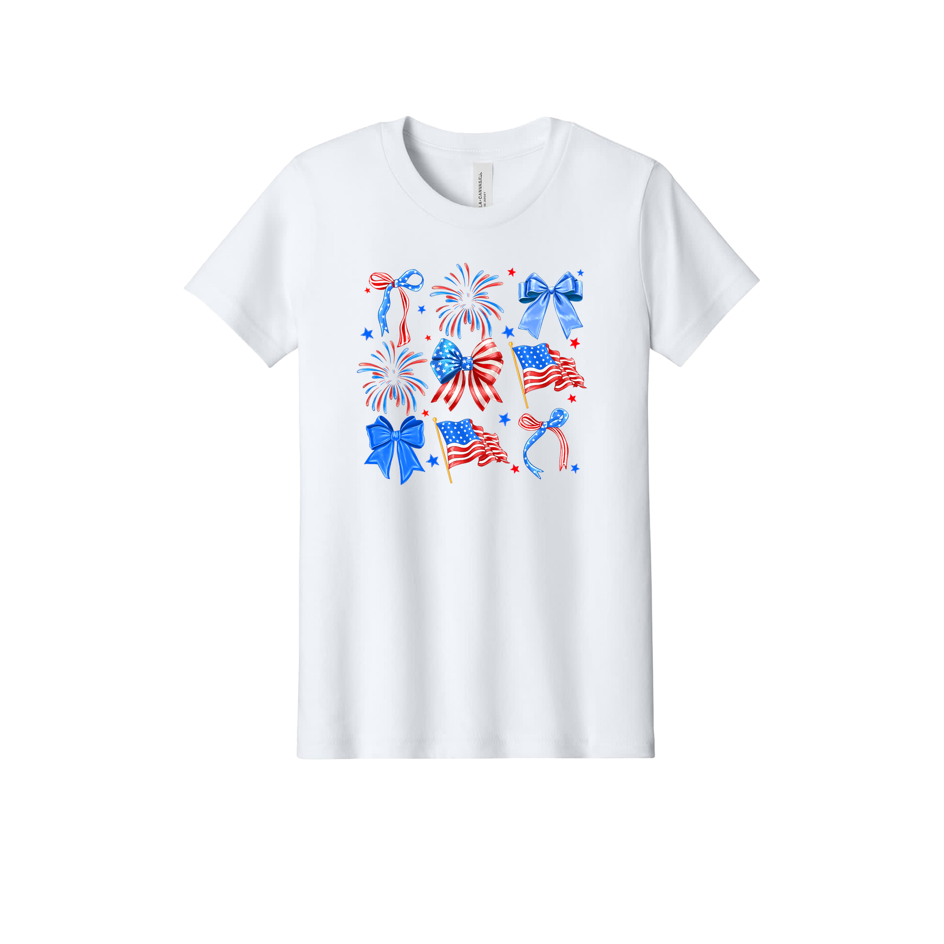 4th of July Bow Apparel design on official Youth Bella+Canvas T-shirt in White, front view.