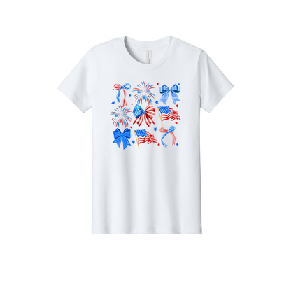 4th of July Bow Apparel design on official Youth Bella+Canvas T-shirt in White, front view.