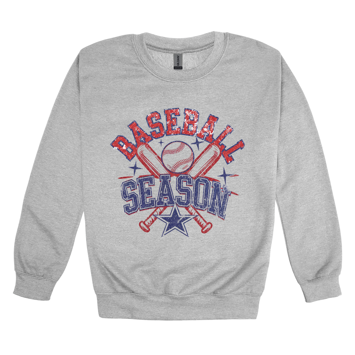 Baseball Season Apparel design on adult crewneck in gray, front view.