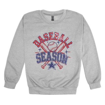 Baseball Season Apparel design on adult crewneck in gray, front view.