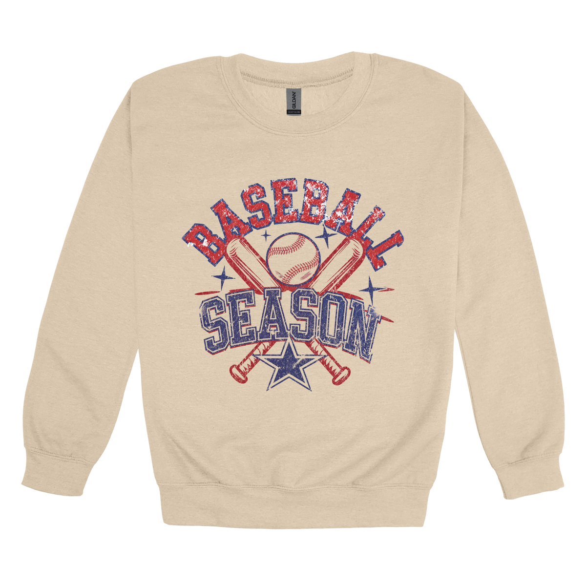 Baseball Season Apparel design on adult crewneck in tan, front view.