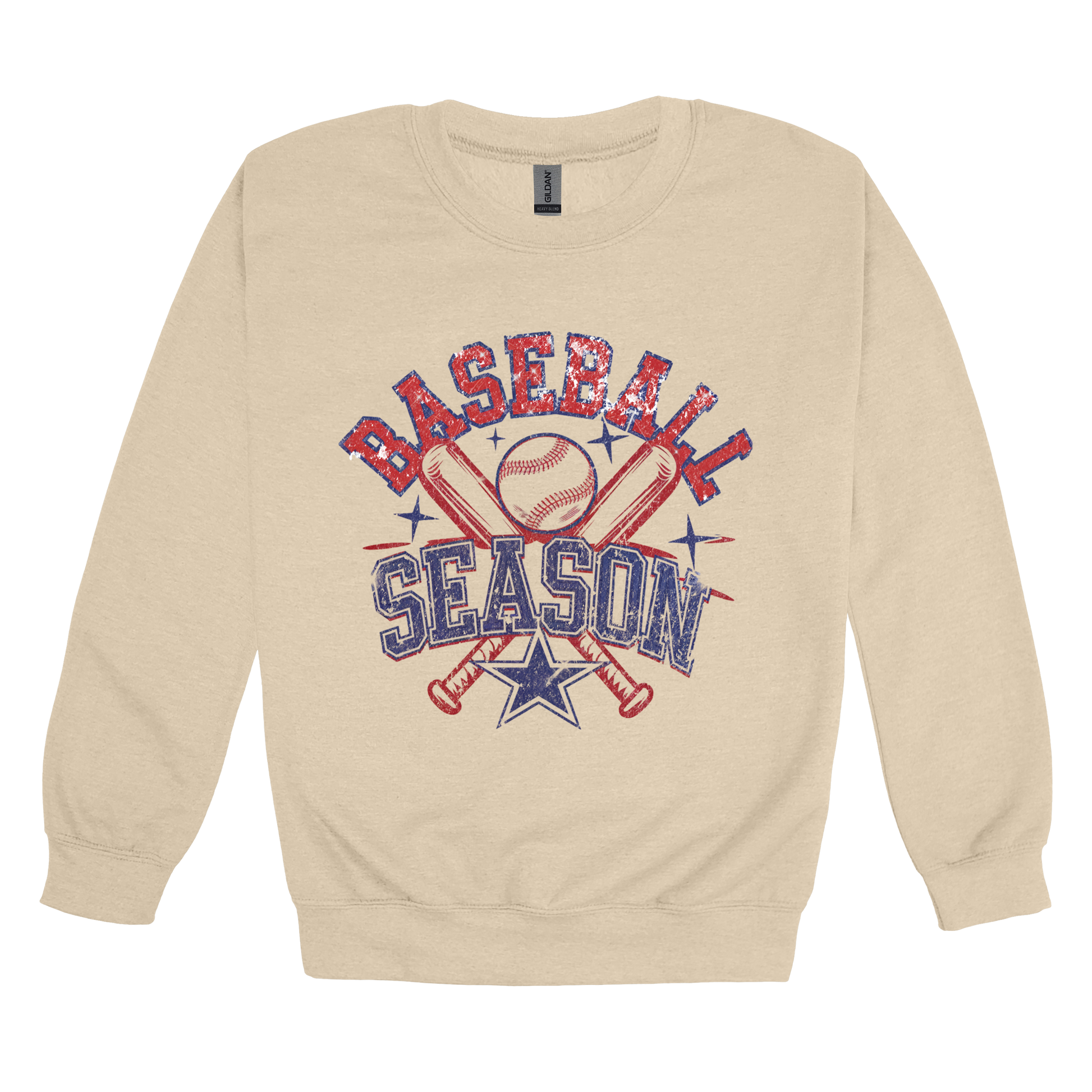 Baseball Season Apparel design on adult crewneck in tan, front view.