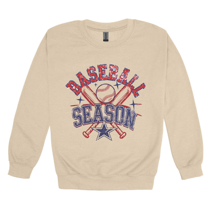 Baseball Season Apparel design on adult crewneck in tan, front view.