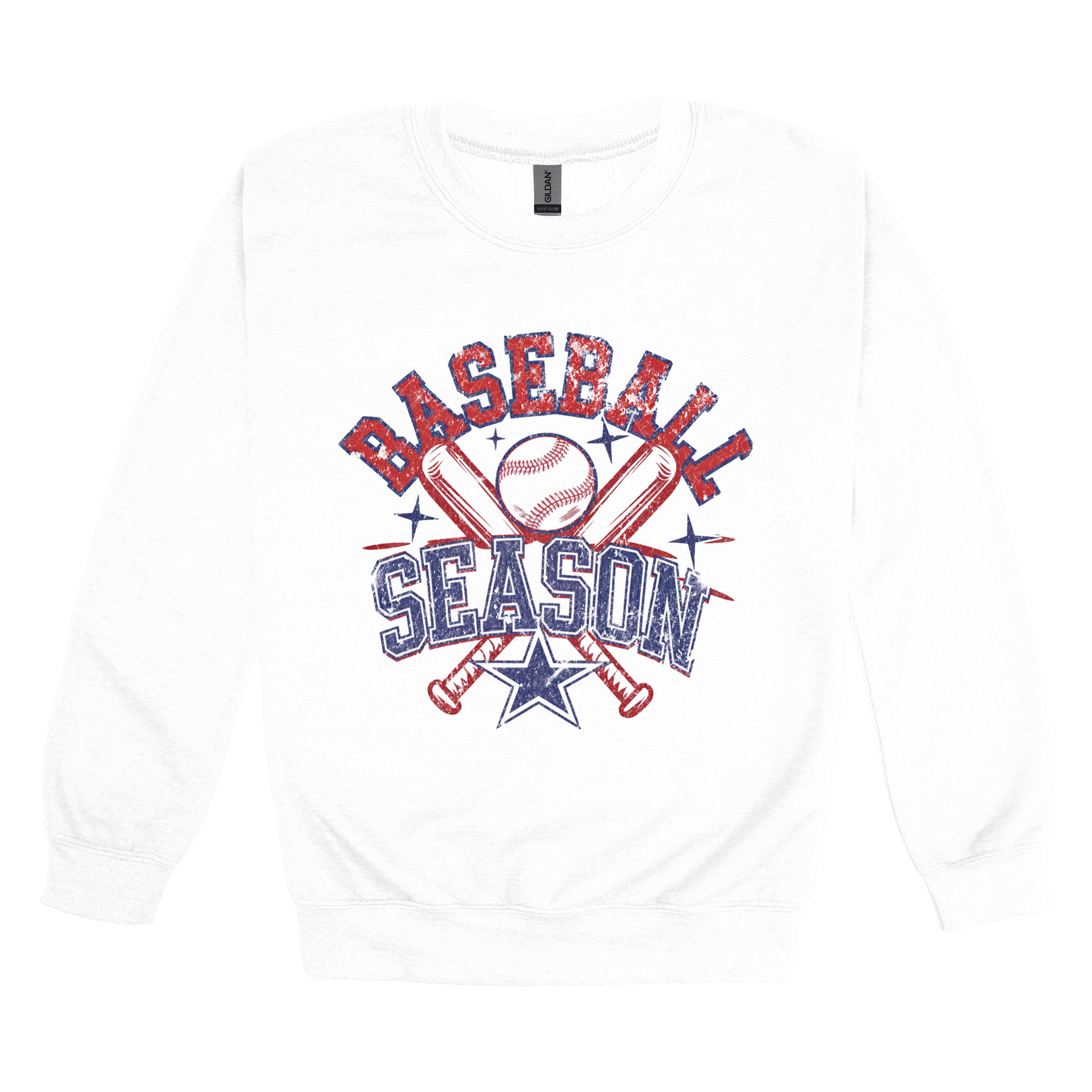 Baseball Season Apparel design on adult crewneck in white, front view.