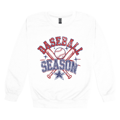Baseball Season Apparel design on adult crewneck in white, front view.