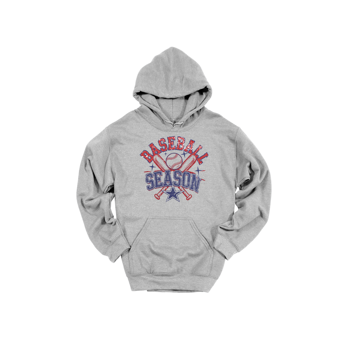 Baseball Season Apparel design on adult hoodie in gray, front view.