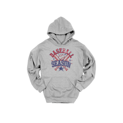 Baseball Season Apparel design on adult hoodie in gray, front view.