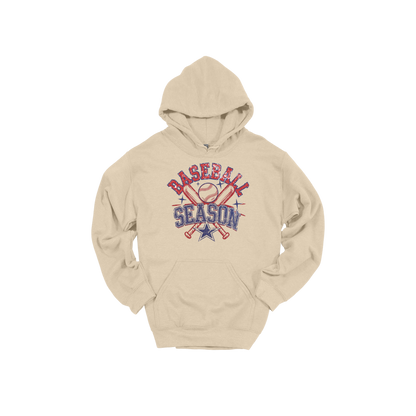 Baseball Season Apparel design on adult hoodie in tan, front view.