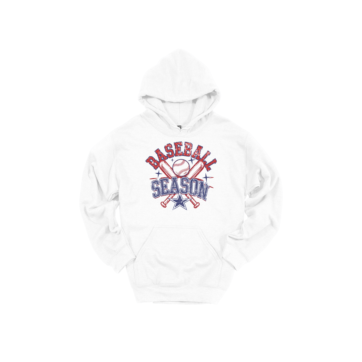 Baseball Season Apparel design on adult hoodie in white, front view.