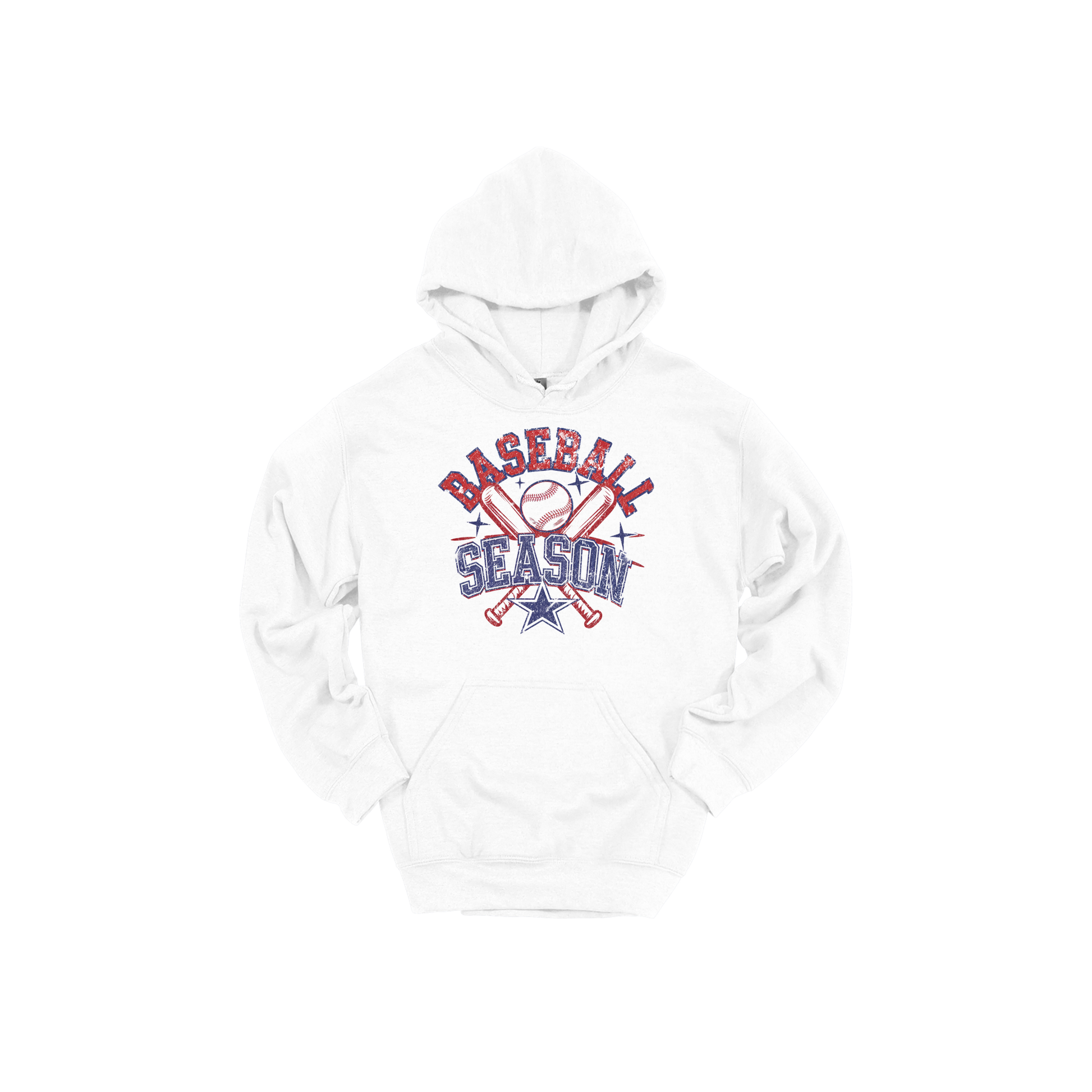 Baseball Season Apparel design on adult hoodie in white, front view.