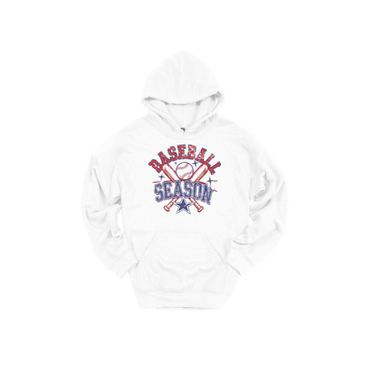 Baseball Season Apparel design on adult hoodie in white, front view.