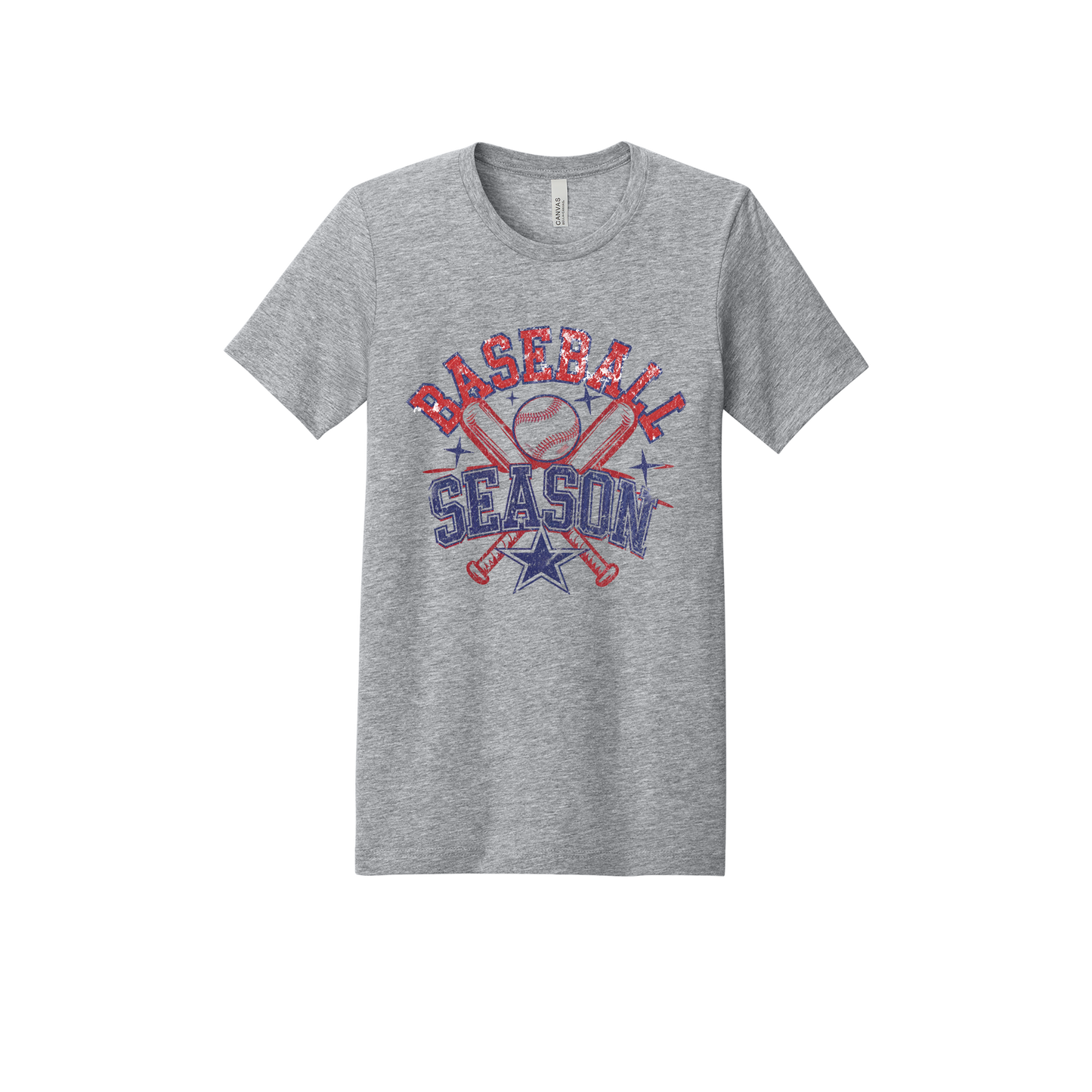 Baseball Season Apparel design on adult tee in gray, front view.