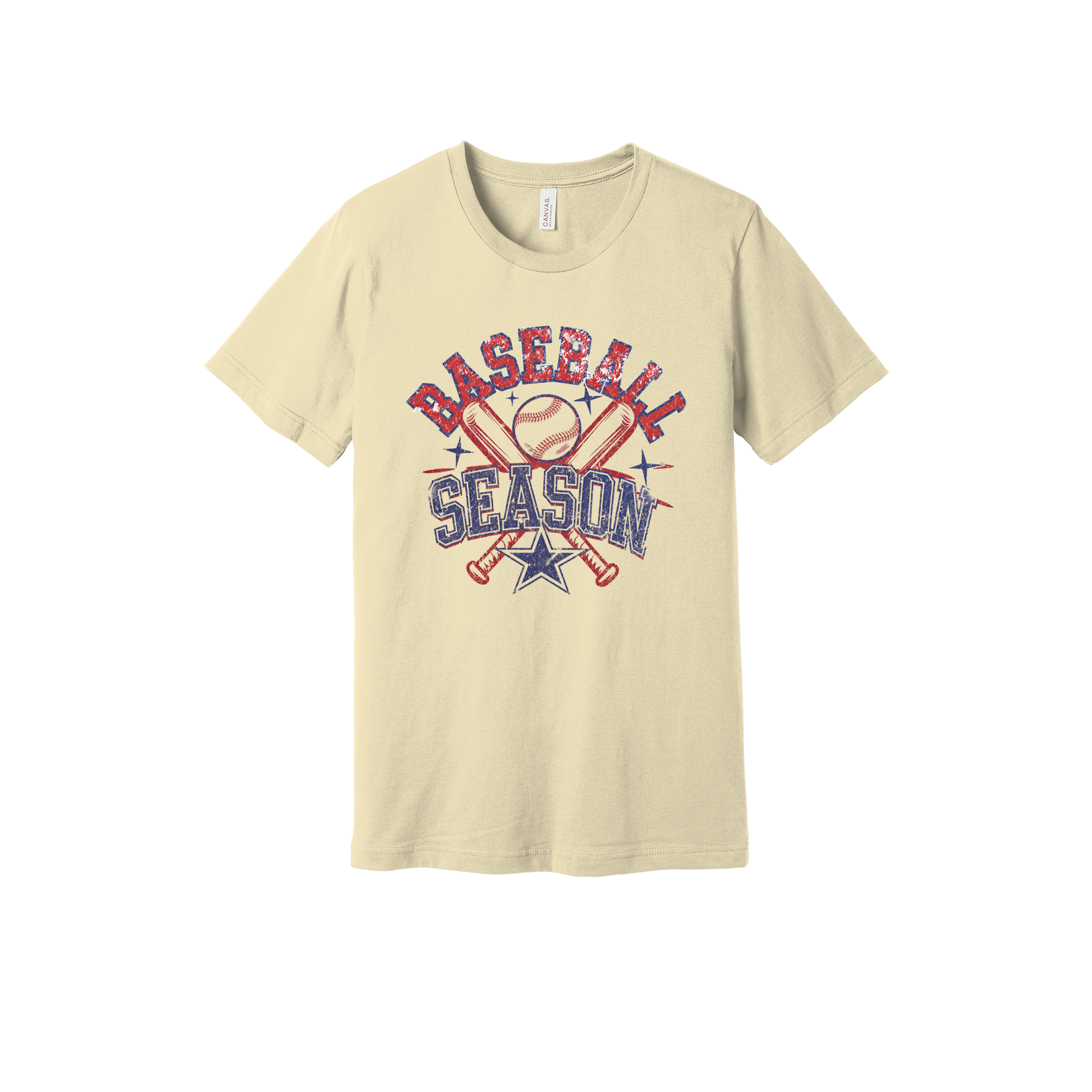 Baseball Season Apparel design on adult tee in tan, front view.
