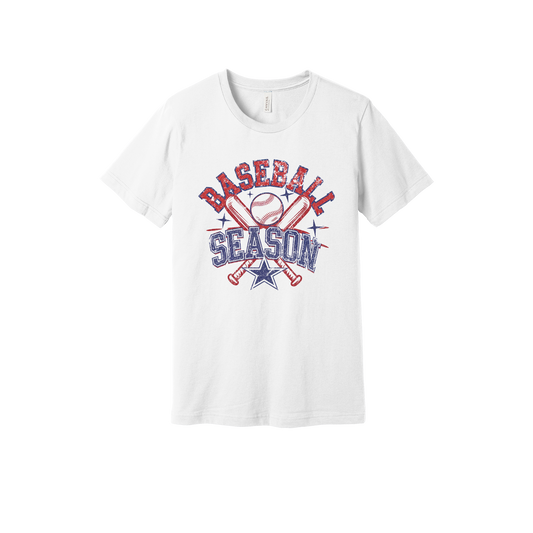 Baseball Season Apparel design on adult tee in white, front view.