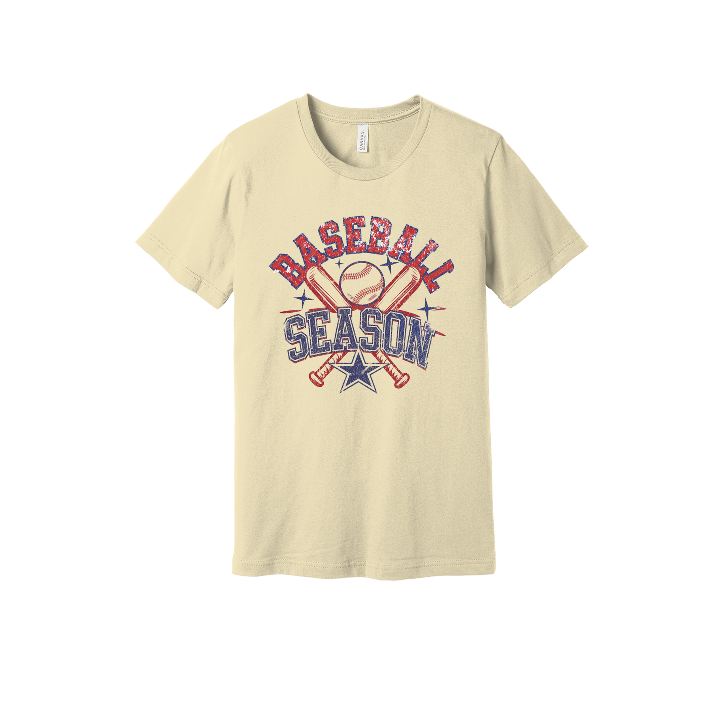 Baseball Season Apparel design on generic tee presentation in tan, front view.