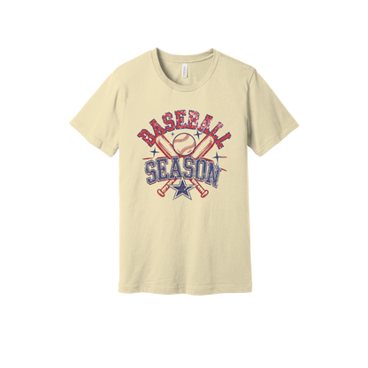 Baseball Season Apparel design on generic tee presentation in tan, front view.