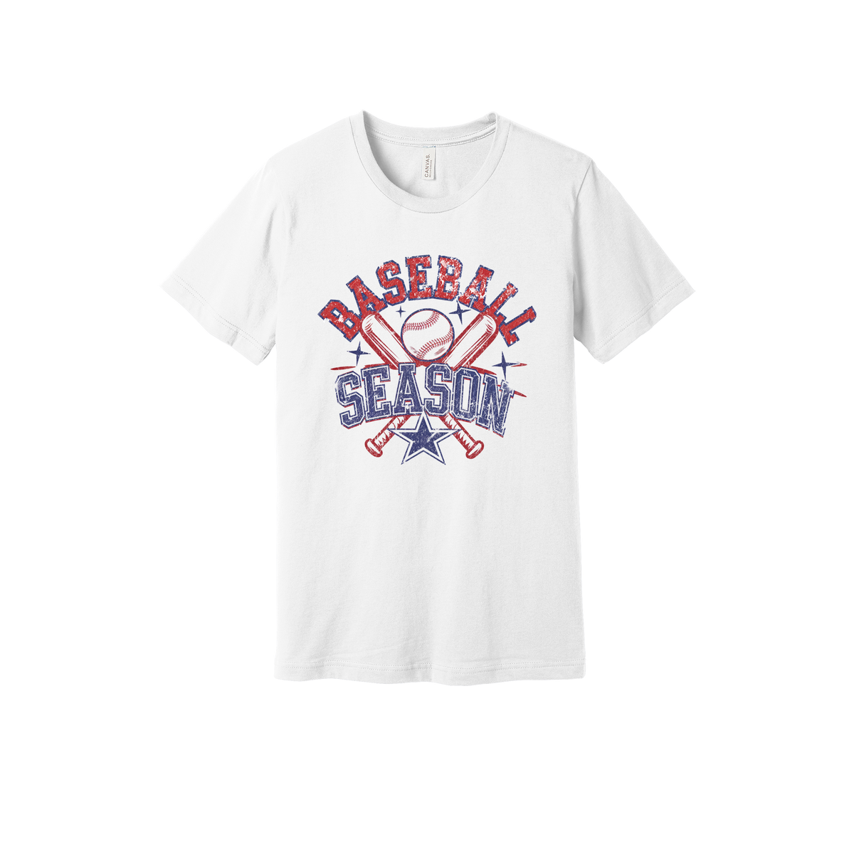 Baseball Season Apparel design on generic tee presentation in white, front view.