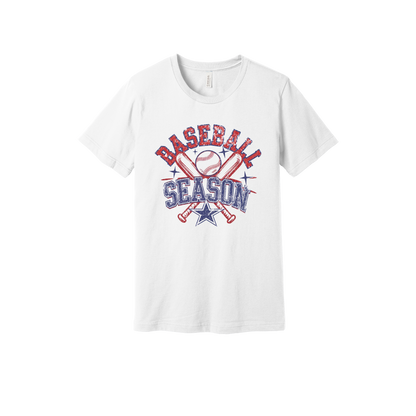 Baseball Season Apparel design on generic tee presentation in white, front view.