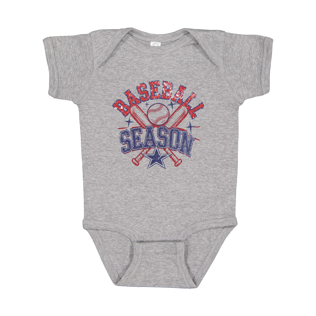 Baseball Season Apparel design on infant onesie in gray, front view.
