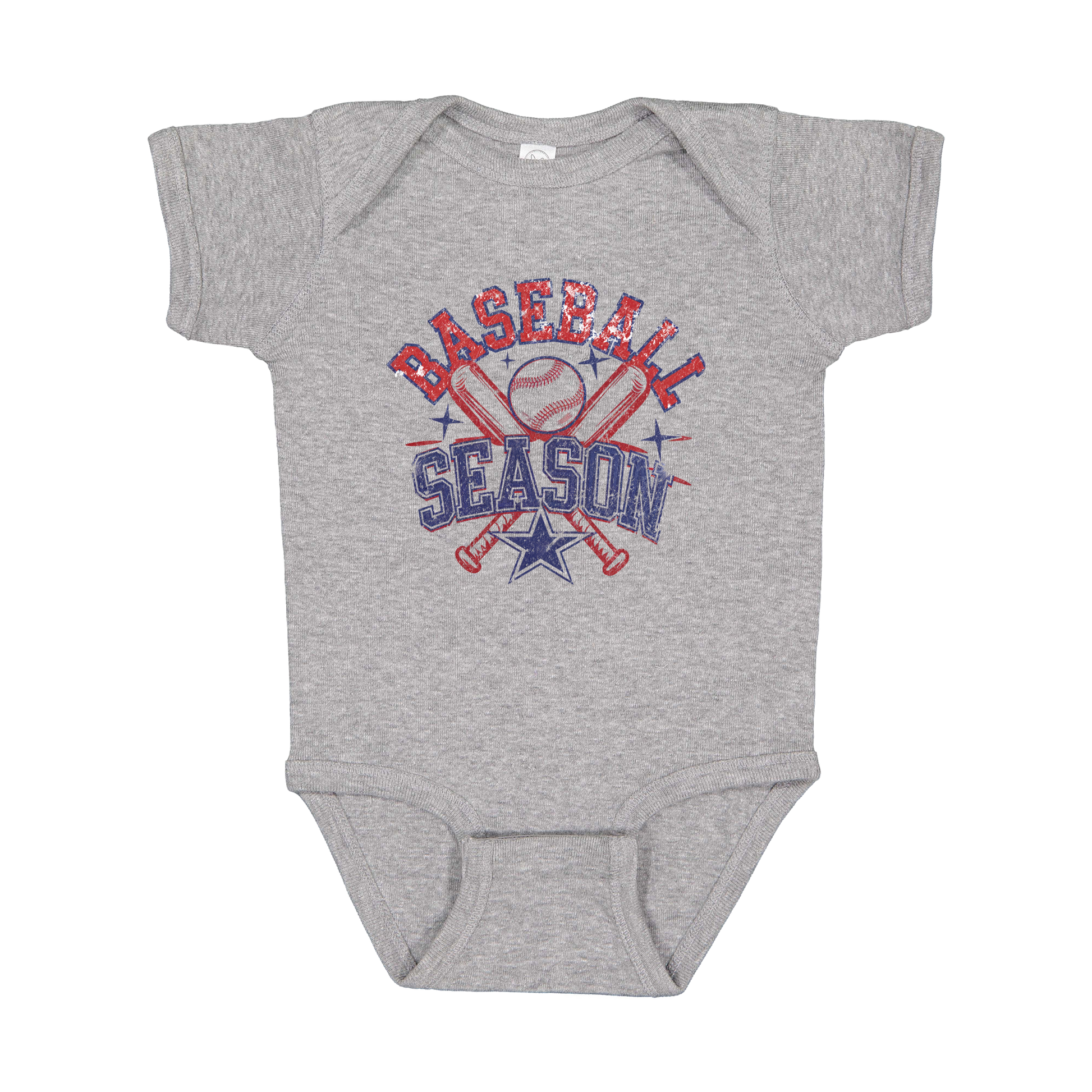 Baseball Season Apparel design on infant onesie in gray, front view.
