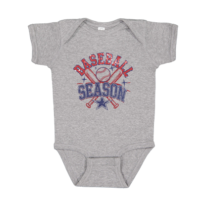 Baseball Season Apparel design on infant onesie in gray, front view.