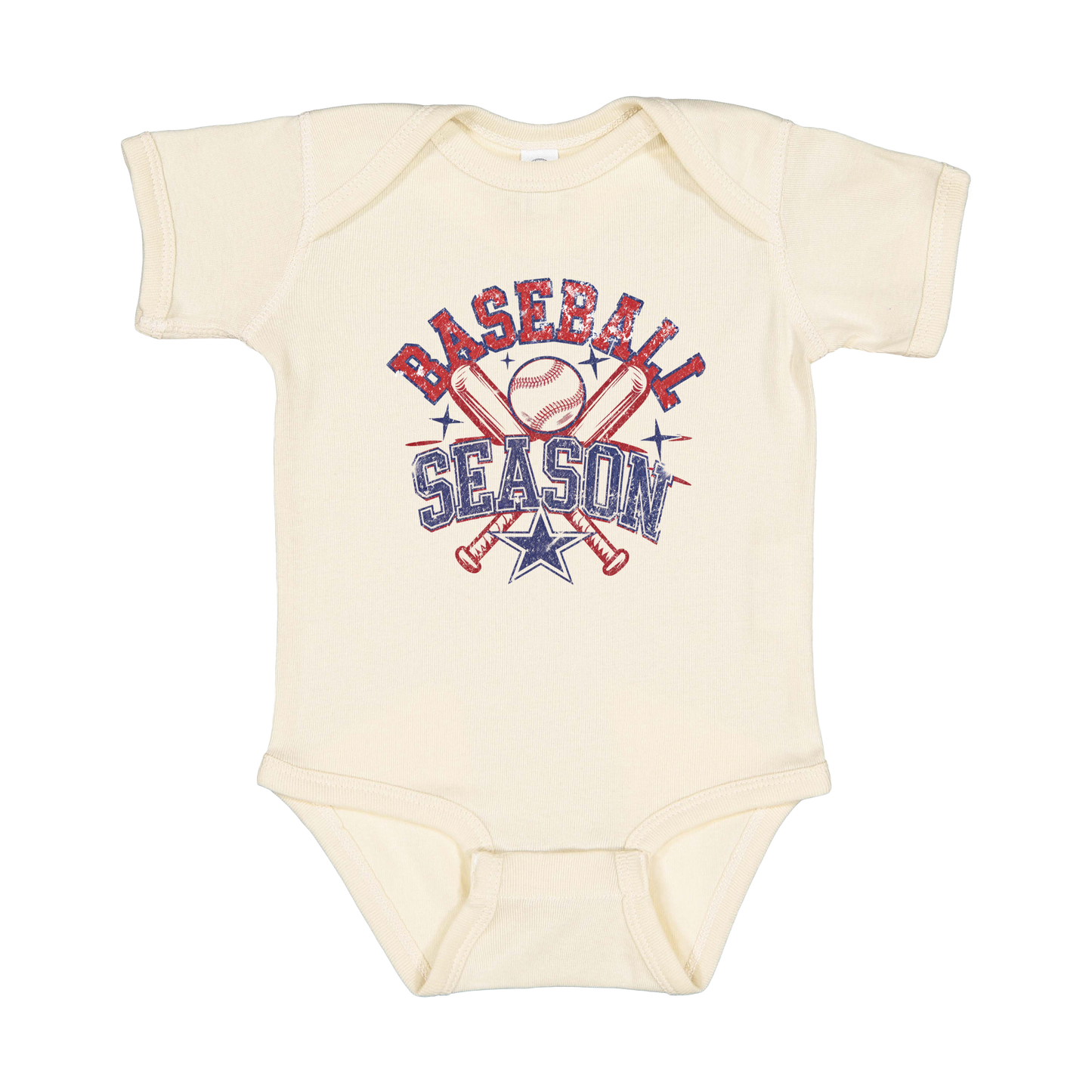 Baseball Season Apparel design on infant onesie in tan, front view.