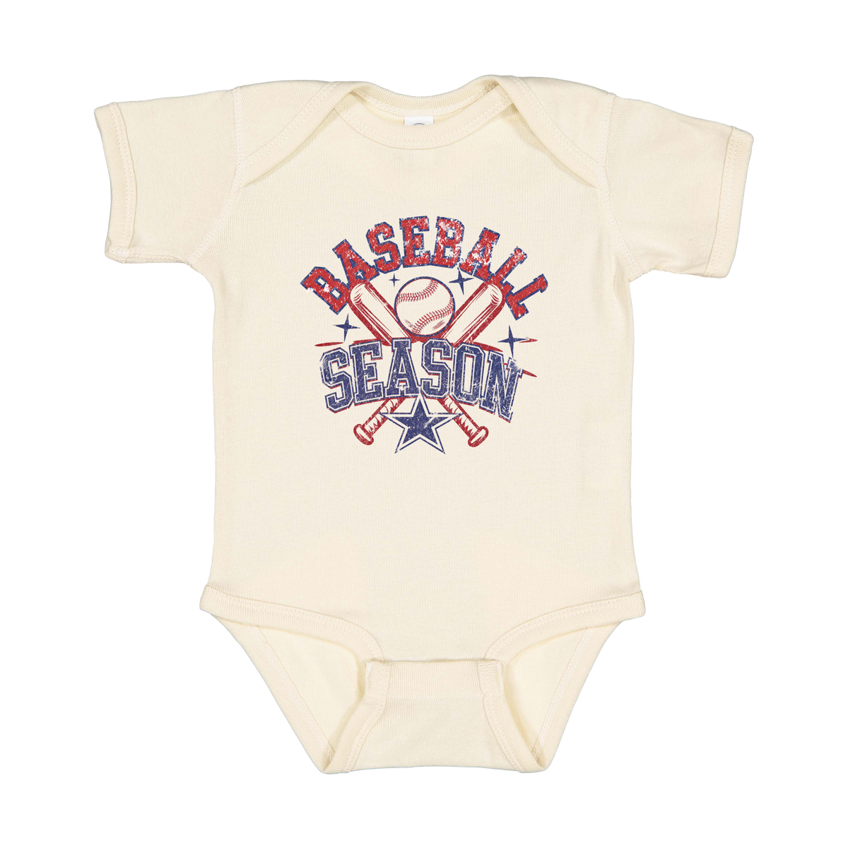 Baseball Season Apparel design on infant onesie in tan, front view.