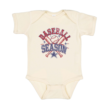 Baseball Season Apparel design on infant onesie in tan, front view.