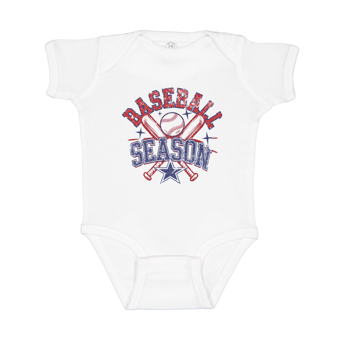 Baseball Season Apparel design on infant onesie in white, front view.