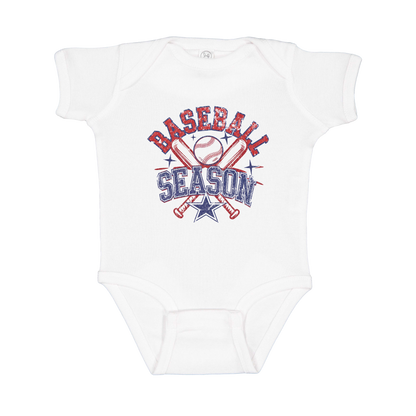 Baseball Season Apparel design on infant onesie in white, front view.