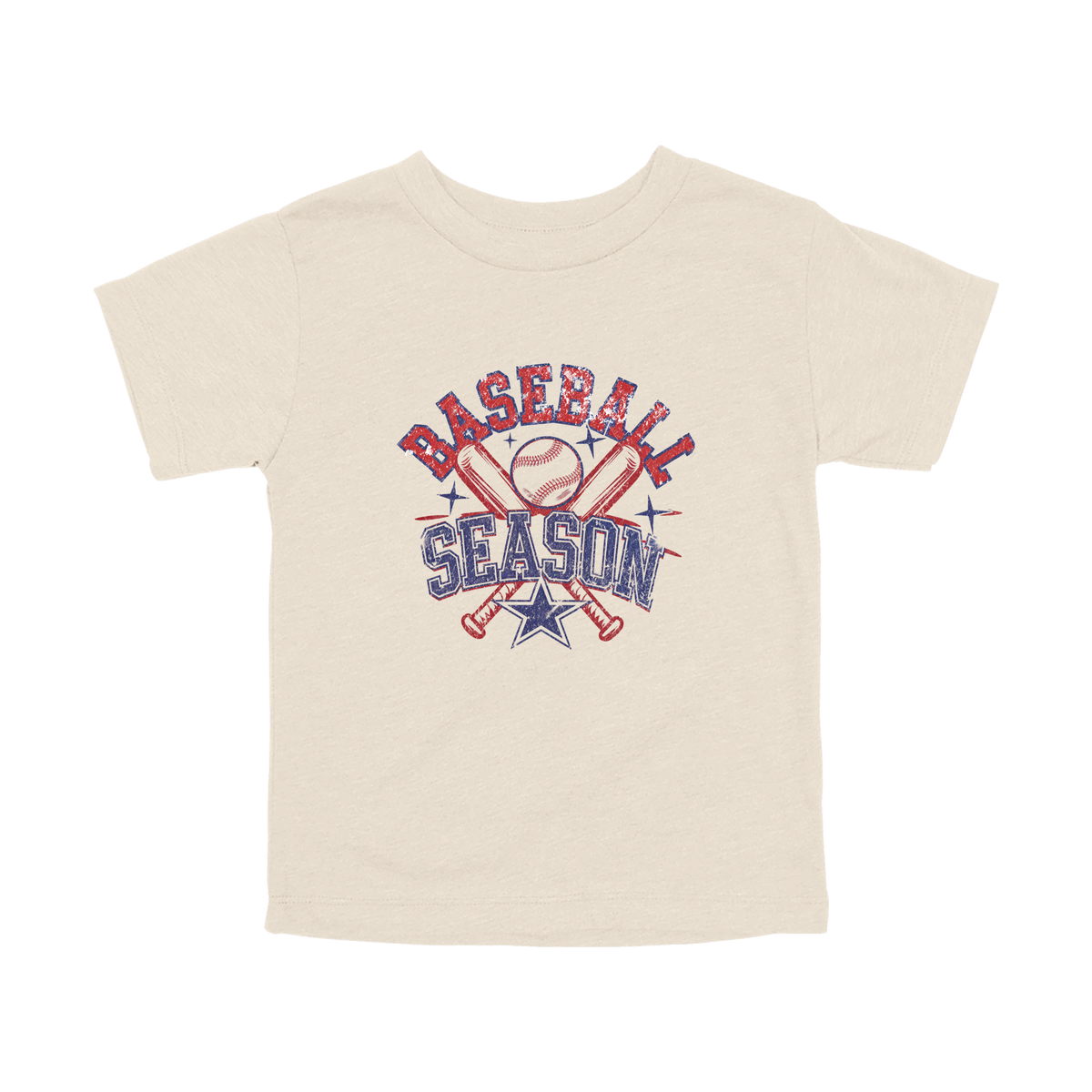 Baseball Season Apparel design on toddler tee in tan, front view.