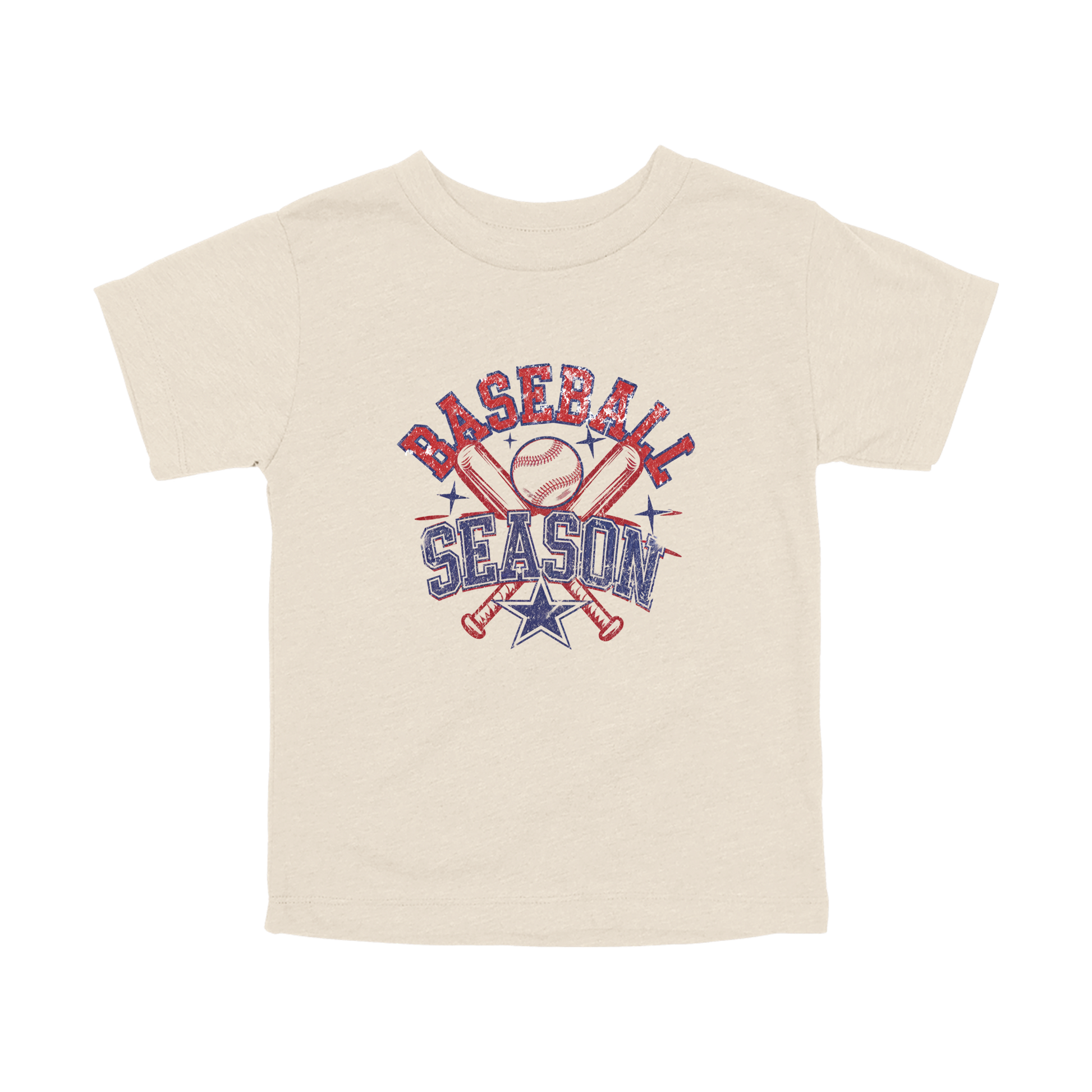 Baseball Season Apparel design on toddler tee in tan, front view.