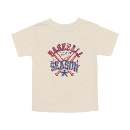 Baseball Season Apparel design on toddler tee in tan, front view.