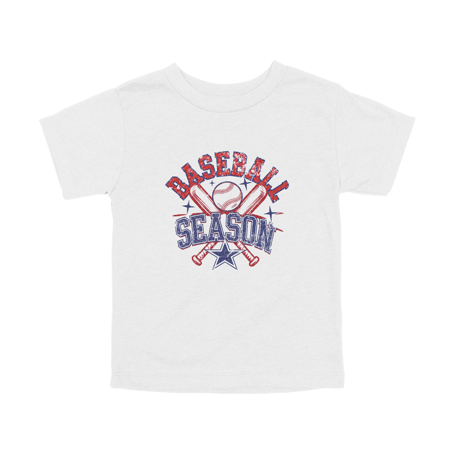 Baseball Season Apparel design on toddler tee in white, front view.