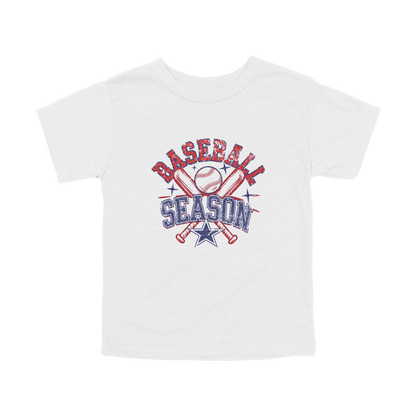 Baseball Season Apparel design on toddler tee in white, front view.