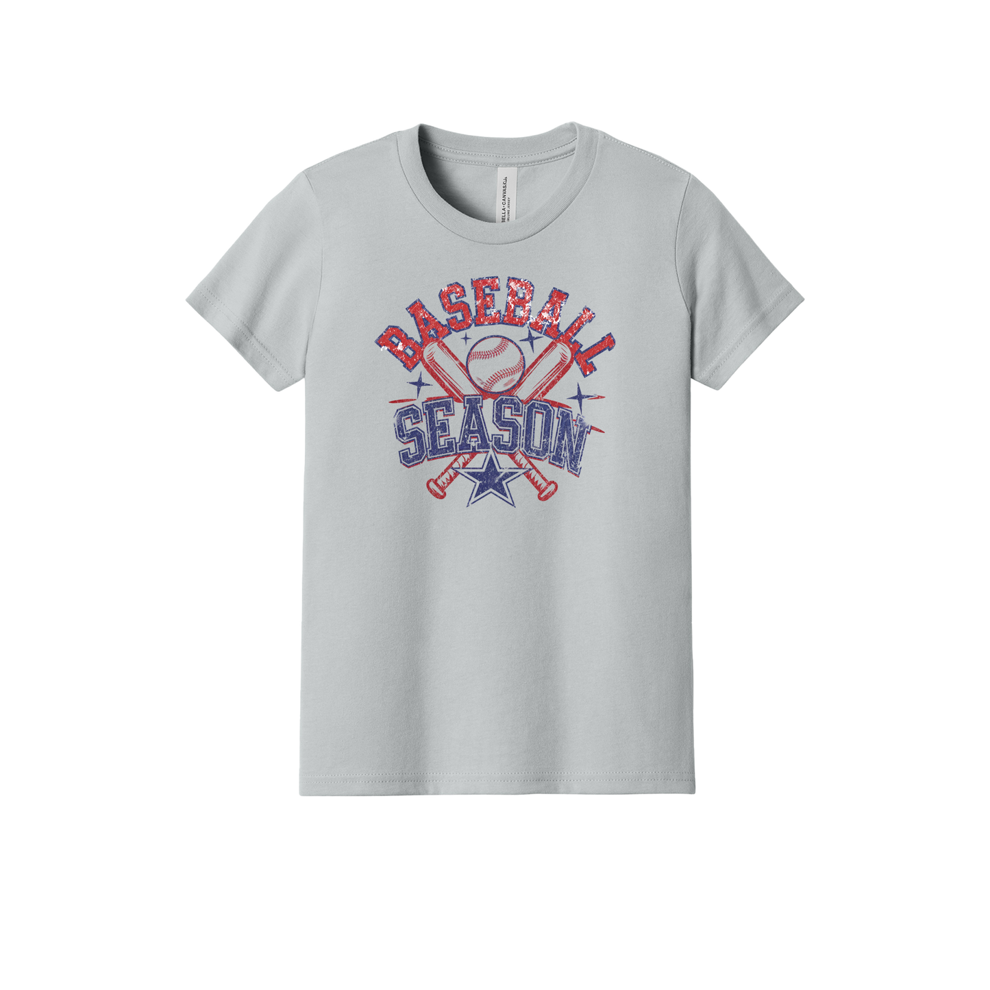 Baseball Season Apparel design on youth tee in gray, front view.