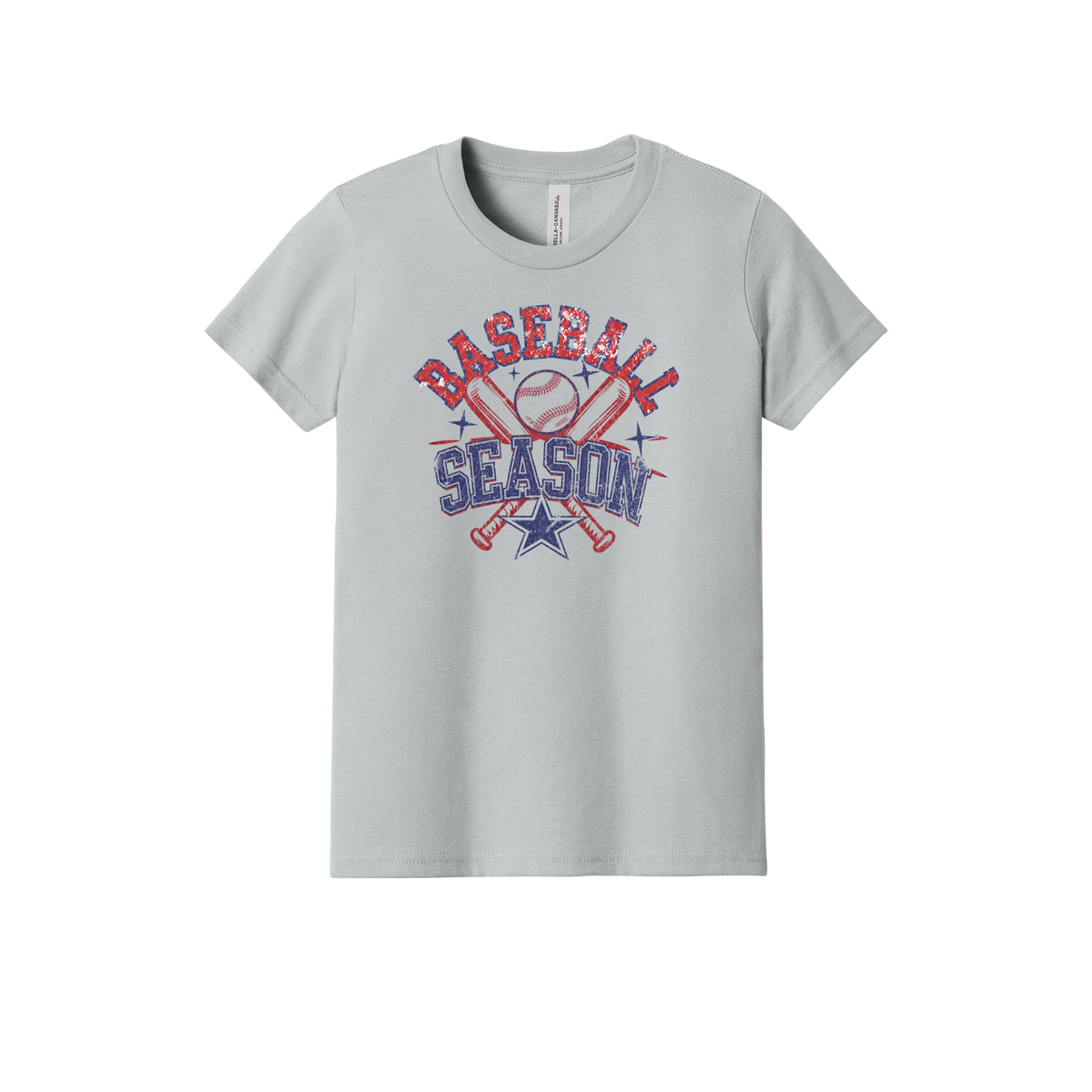 Baseball Season Apparel design on youth tee in gray, front view.