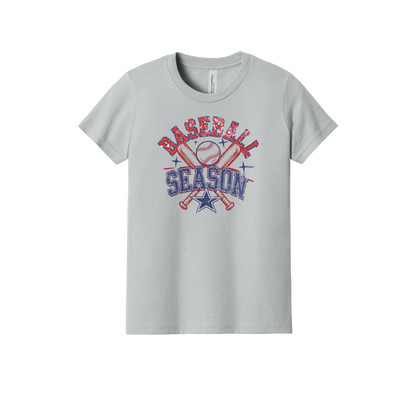 Baseball Season Apparel design on youth tee in gray, front view.