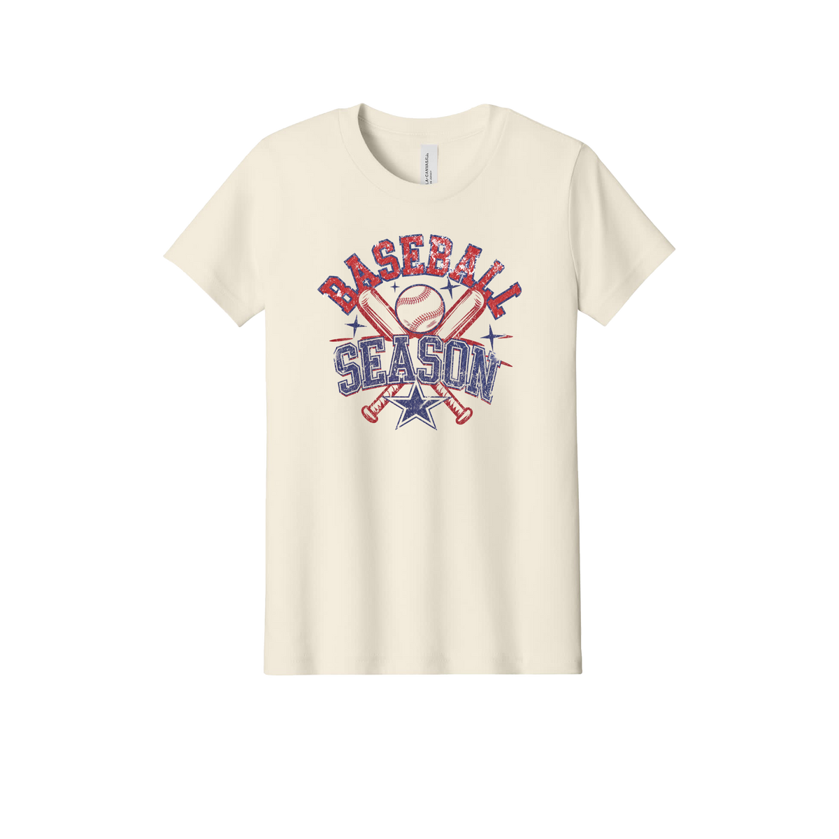 Baseball Season Apparel design on official Youth Bella+Canvas T-shirt in Natural, front view.