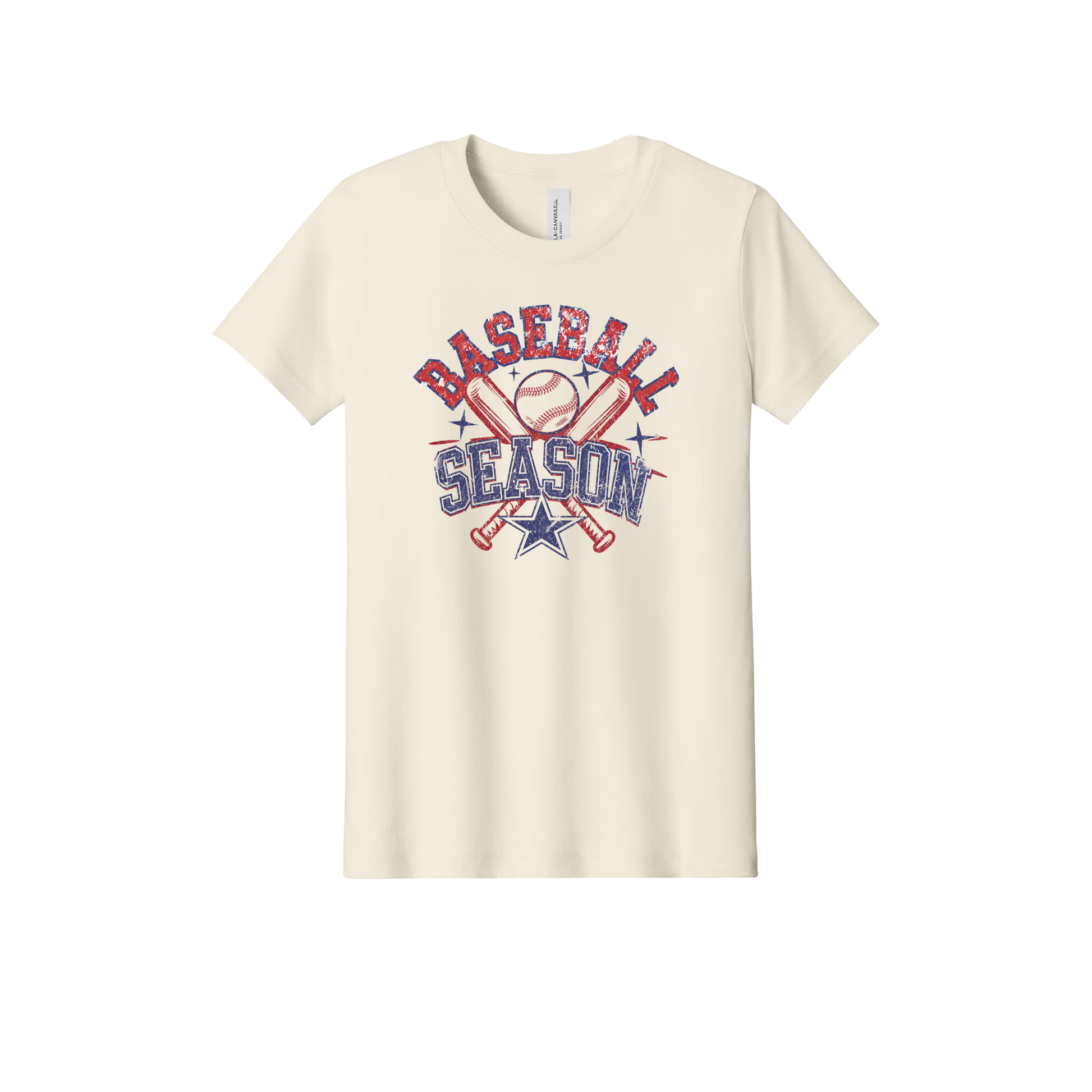 Baseball Season Apparel design on official Youth Bella+Canvas T-shirt in Natural, front view.