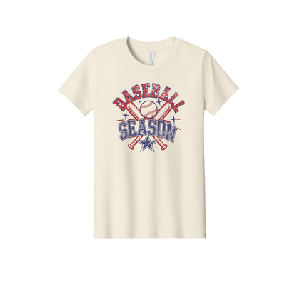 Baseball Season Apparel design on official Youth Bella+Canvas T-shirt in Natural, front view.