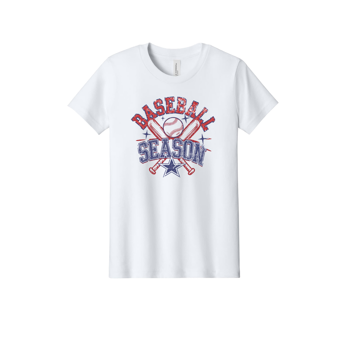 Baseball Season Apparel design on official Youth Bella+Canvas T-shirt in White, front view.