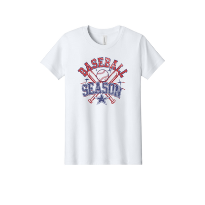 Baseball Season Apparel design on official Youth Bella+Canvas T-shirt in White, front view.