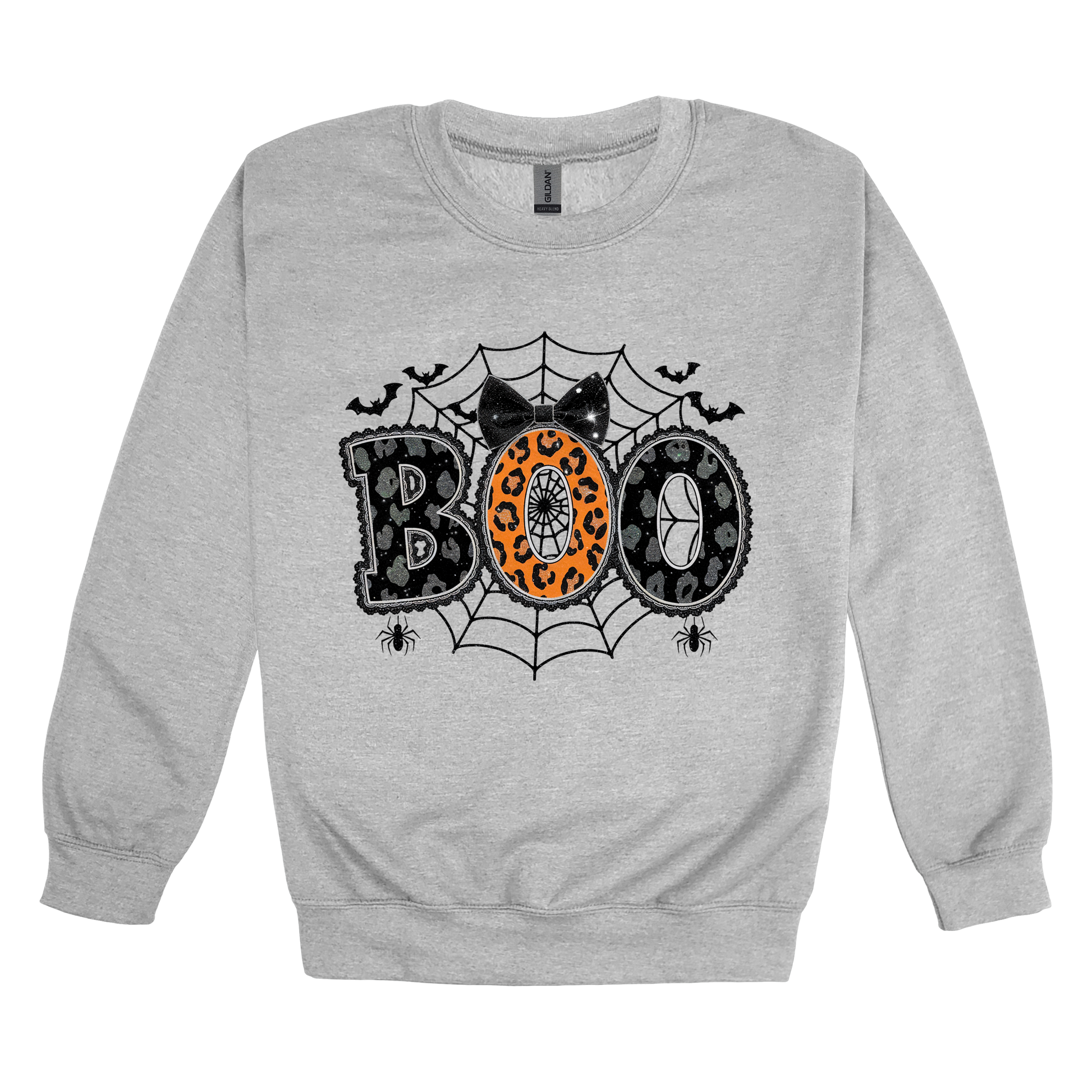 BOO Halloween Apparel design on adult crewneck in gray, front view.