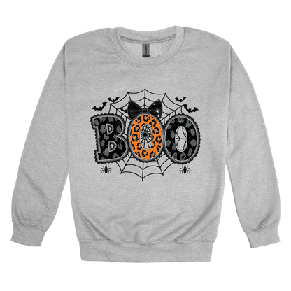 BOO Halloween Apparel design on adult crewneck in gray, front view.