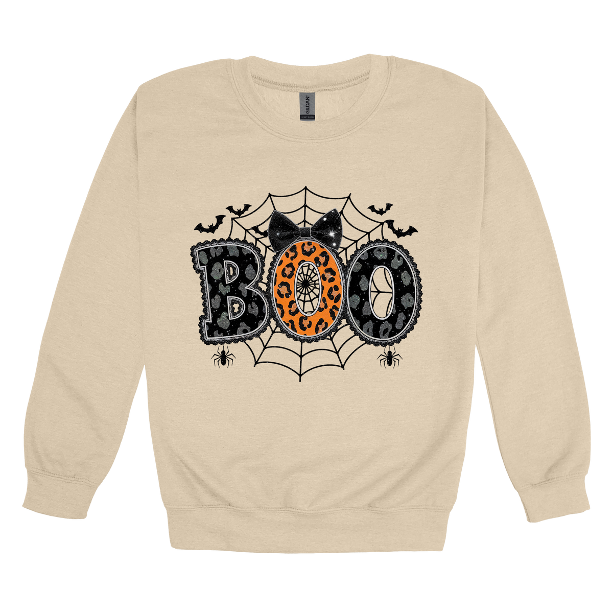 BOO Halloween Apparel design on adult crewneck in tan, front view.